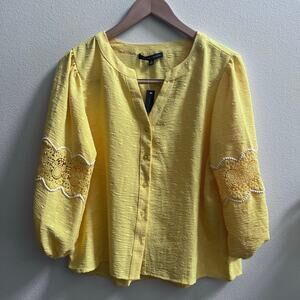 Adrienne Vittadini Yellow V-Neck Lace Button Up Puff Sleeve Boho Top Women's M